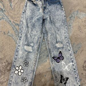 Forever 21 Blue Straight Leg Jeans with Butterfly Print